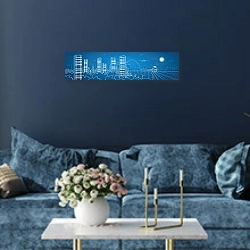 «Городская панорама 5» в интерьере стильной синей гостиной над диваном