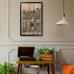 «The Old Port in Honfleur, state II» в интерьере комнаты в стиле ретро с проигрывателем виниловых пластинок