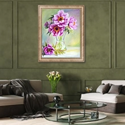«Лиловые пионы в вазе» в интерьере гостиной в оливковых тонах