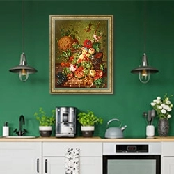 «Früchtestillleben mit Tonvase» в интерьере кухни с зелеными стенами