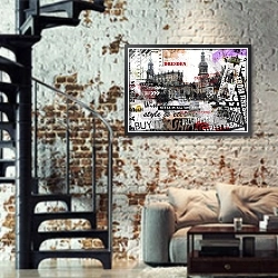 «Винтажная иллюстрация с видом Дрездена» в интерьере двухярусной гостиной в стиле лофт с кирпичной стеной
