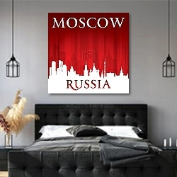 «Москва, Россия. Силуэт города на красном фоне» в интерьере современной спальни с черной кроватью