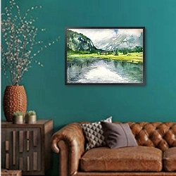 «Летний пейзаж с горным озером, акварель» в интерьере гостиной с зеленой стеной над диваном
