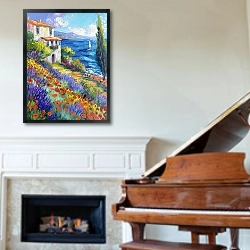 «The wind stirs the flowers and the sea» в интерьере классической гостиной над камином