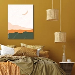«Абстрактный пейзаж с полумесяцем» в интерьере спальни  в этническом стиле в желтых тонах