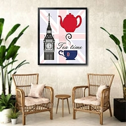 «Лондон, символы Англии 8» в интерьере комнаты в стиле ретро с плетеными креслами