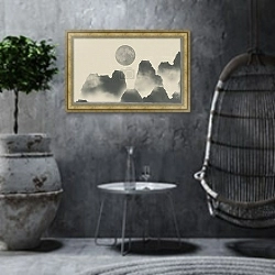 «Китайский акварельный пейзаж с горами и луной» в интерьере в этническом стиле в серых тонах