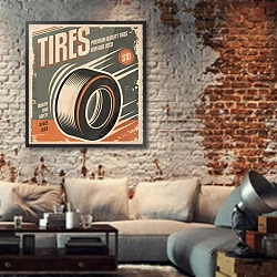 «Ретро плакат шиномонтажа» в интерьере гостиной в стиле лофт с кирпичной стеной