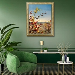 «Октябрь» в интерьере гостиной в зеленых тонах