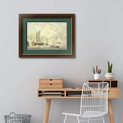 «Спокойное море с множеством кораблей, впереди лодка с тремя гребцами и женщиной» в интерьере кабинета с деревянным столом