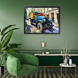 «Timeless truck trails» в интерьере гостиной в зеленых тонах