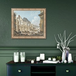 «Demolition of the Old Vestibule of the Palais-Royal, Paris» в интерьере прихожей в зеленых тонах над комодом