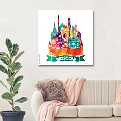 «Москва, коллаж 2» в интерьере современной светлой гостиной над диваном