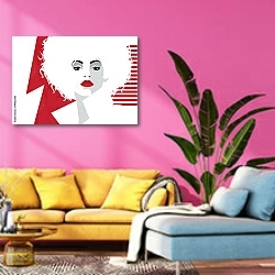«Портрет женщины в стиле поп-арт» в интерьере яркой красочной гостиной в стиле поп-арт