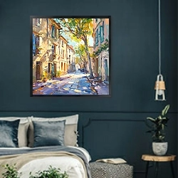 «Sunlit streets in Avignon» в интерьере классической спальни с темными стенами