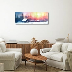 «Домик на окраине леса зимой» в интерьере современной светлой гостиной над комодом