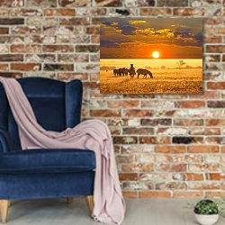 «Зебры в саванне на закате» в интерьере в стиле лофт с кирпичной стеной и синим креслом
