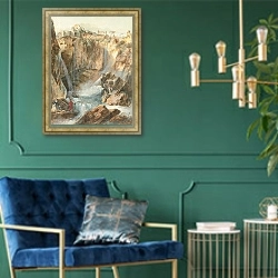 «View Of The Cascades At Tivoli With Fishermen And Tourists» в интерьере классической спальни с темными стенами