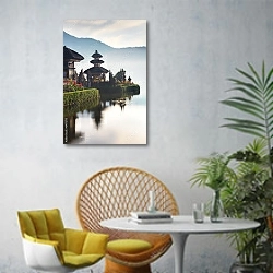 «Улун Дану, храм на озере Братан, Бали, Индонезия» в интерьере современной гостиной с желтым креслом