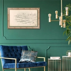 «Båt med figur og drivved ved kysten» в интерьере в классическом стиле с зеленой стеной