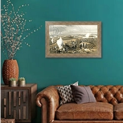 «A hot day in the Batteries» в интерьере гостиной с зеленой стеной над диваном