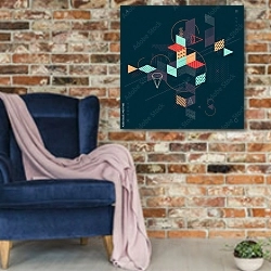 «Современная геометрическая абстракция 16» в интерьере в стиле лофт с кирпичной стеной и синим креслом