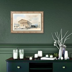 «View Of The Madeleine, Paris» в интерьере прихожей в зеленых тонах над комодом