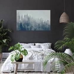 «Еловый лес в тумане» в интерьере современной спальни с черными стенами