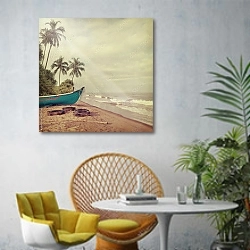 «Тропический пляж с лодкой и пальмами» в интерьере современной гостиной с желтым креслом