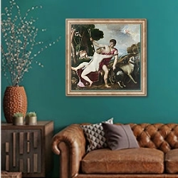 «Верера и Адонис» в интерьере гостиной с зеленой стеной над диваном