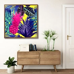 «Розовый ананас и синие экзотические растения» в интерьере современной прихожей над тумбой