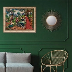 «La paisible journée» в интерьере классической гостиной с зеленой стеной над диваном