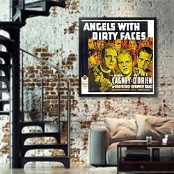 «Poster - Angels With Dirty Faces 4» в интерьере двухярусной гостиной в стиле лофт с кирпичной стеной