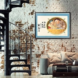 «Advertisement of Yamago Shoten fish shop in Uzen, Yamagata Prefecture» в интерьере двухярусной гостиной в стиле лофт с кирпичной стеной