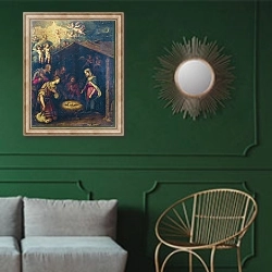 «Поклонение пастухов 6» в интерьере классической гостиной с зеленой стеной над диваном