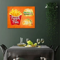 «Набор из картофеля фри, бургера и тако» в интерьере столовой в зеленых тонах