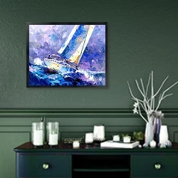 «Ship in the whirlpool of waves» в интерьере прихожей в зеленых тонах над комодом