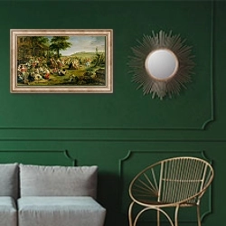 «The Kermesse, c.1635-38» в интерьере классической гостиной с зеленой стеной над диваном