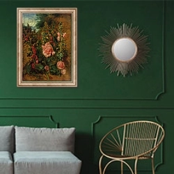 «Study of Hollyhocks, c.1826» в интерьере классической гостиной с зеленой стеной над диваном