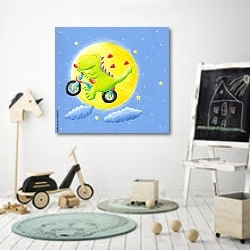 «Симпатичный дракон, летящий на велосипеде» в интерьере детской комнаты для мальчика с самокатом