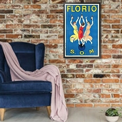 «Florio» в интерьере в стиле лофт с кирпичной стеной и синим креслом
