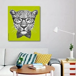 «Леопард в очках с галстуком-бабочкой» в интерьере гостиной в стиле поп-арт с яркими деталями