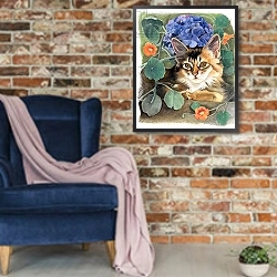 «Sootsy with Hydrangea» в интерьере в стиле лофт с кирпичной стеной и синим креслом