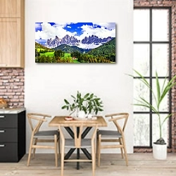 «Захватывающий пейзаж Доломитовых гор» в интерьере кухни с кирпичными стенами над столом