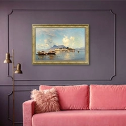 «A view of Isola Bella on Lake Maggiore» в интерьере гостиной с розовым диваном