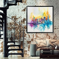 «San Francisco skyline» в интерьере двухярусной гостиной в стиле лофт с кирпичной стеной