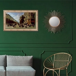 «Siege of Paris. Queueing at the Door of a Grocery, 1870» в интерьере классической гостиной с зеленой стеной над диваном
