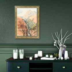 «Сжигание баклера в верховьях озера Вакатипу» в интерьере прихожей в зеленых тонах над комодом