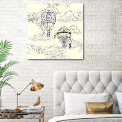 «Seamless pattern with clouds and air balloons» в интерьере современной спальни в белом цвете с золотыми деталями
