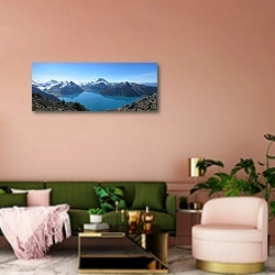 «Озеро Гарибальди. Канада» в интерьере современной гостиной с розовой стеной